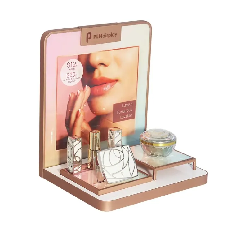 High-end Durable Metal Cosmetic and Skincare Product Display Stand With LED Lights Lipstick Display Rack for Retail Stores