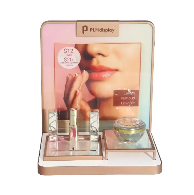 High-end Durable Metal Cosmetic and Skincare Product Display Stand With LED Lights Lipstick Display Rack for Retail Stores
