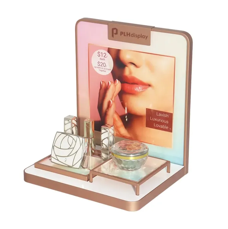 High-end Durable Metal Cosmetic and Skincare Product Display Stand With LED Lights Lipstick Display Rack for Retail Stores