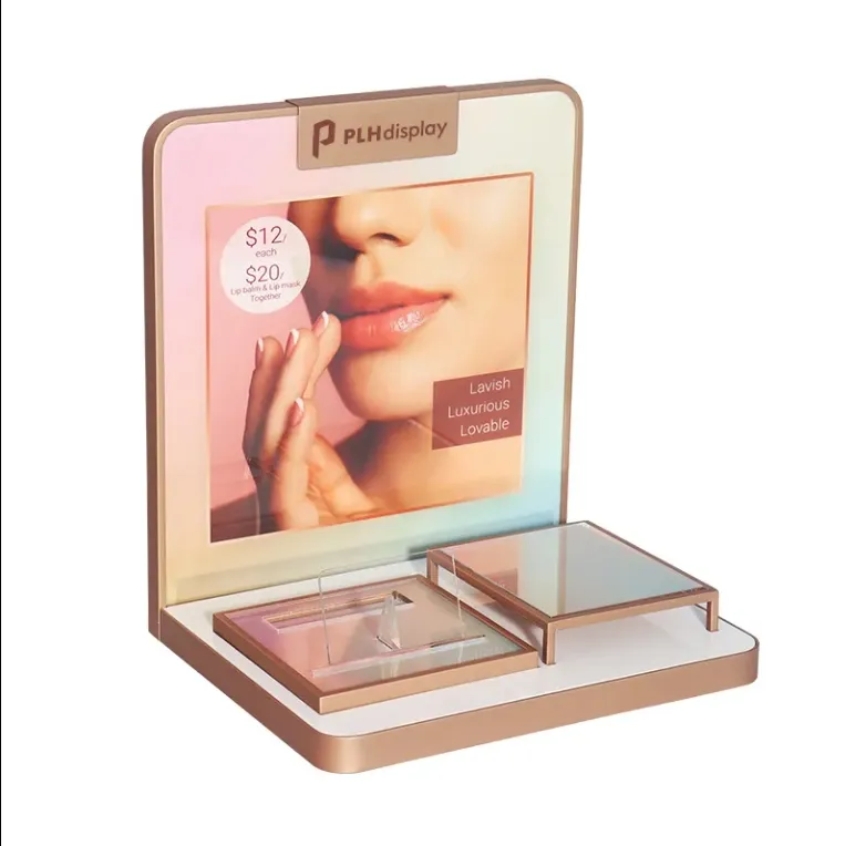 High-end Durable Metal Cosmetic and Skincare Product Display Stand With LED Lights Lipstick Display Rack for Retail Stores